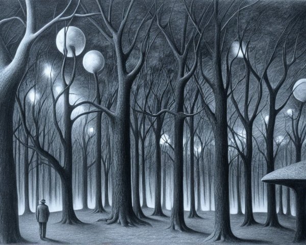 Solitary Figure in a Surreal, Dark Forest Setting