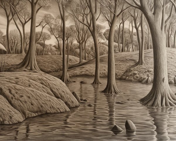 Tranquil Landscape with Water and Tall Trees