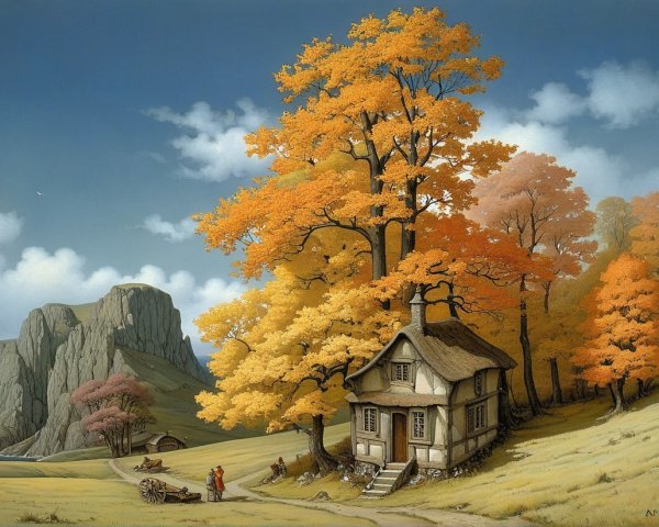 Charming Cottage in Vibrant Autumn Landscape