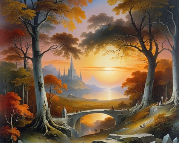 Tranquil Sunset Landscape with Autumn Trees and Castle