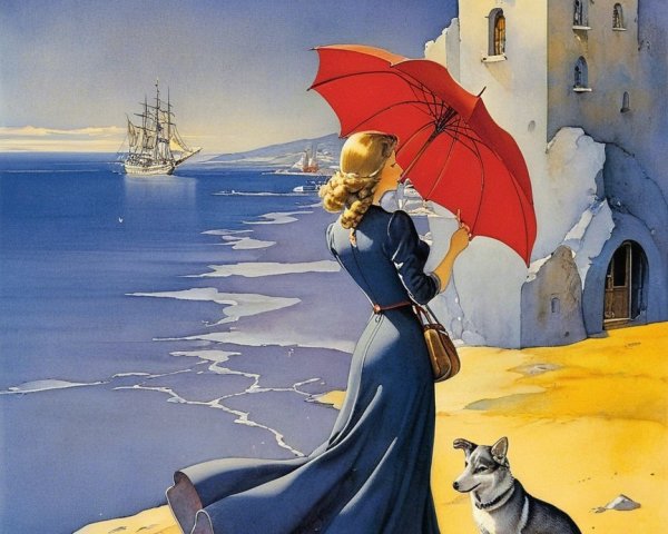 Woman with red umbrella on sandy shore with dog