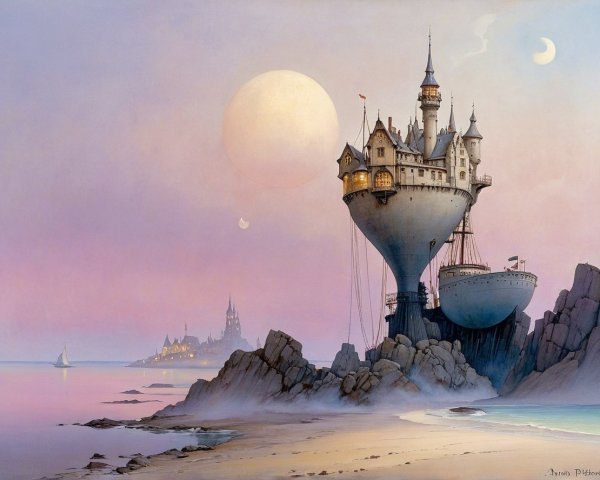 Fantastical Seascape with Castles and Two Moons