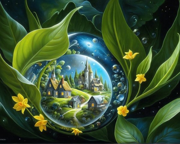 Whimsical Landscape Inside a Glowing Bubble