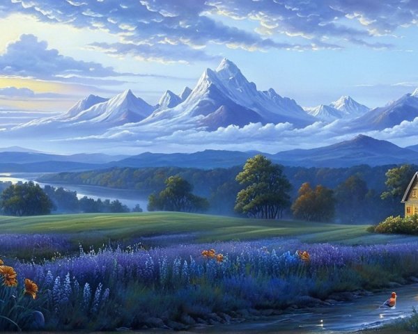 Tranquil Landscape with Mountains and Serene River