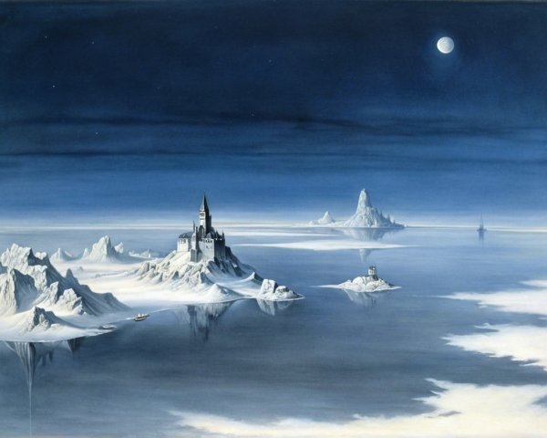 Serene Castle Landscape on a Snowy Island at Night