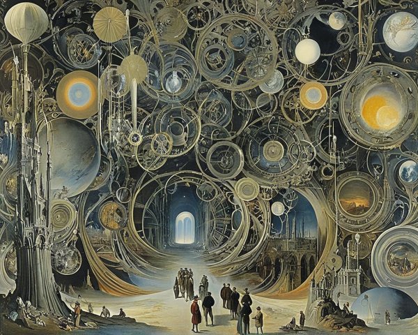 Surreal Landscape with Machinery and Celestial Bodies