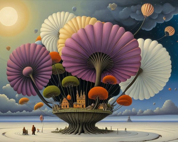 Whimsical Landscape with Colorful Tree and Village