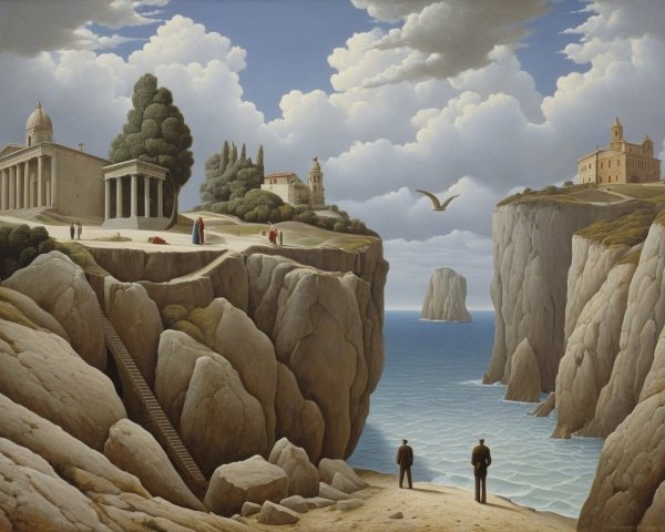 Surreal Landscape with Cliffs and Tranquil Sea