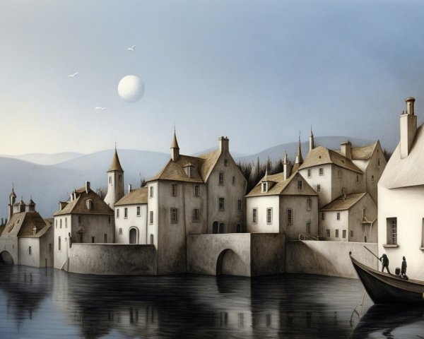 Serene Waterfront Village with Angular Houses and Moon