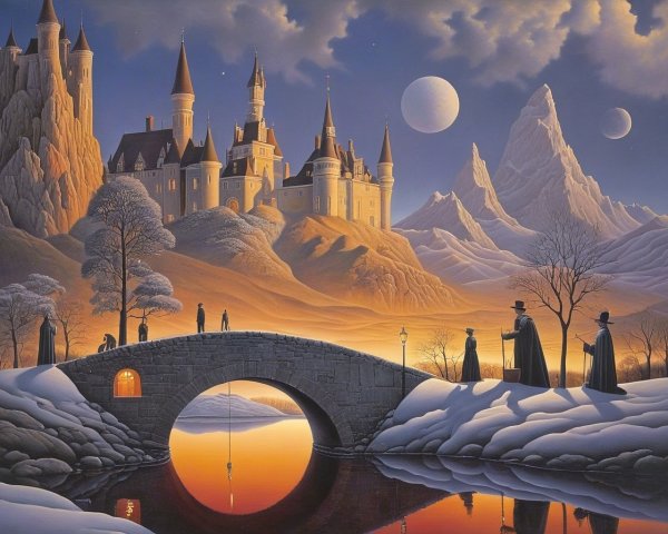 Majestic Castle on Snowy Hill Under Twilight Sky