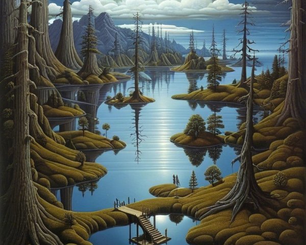 Serene Lake Landscape with Cypress Trees and Moonlight