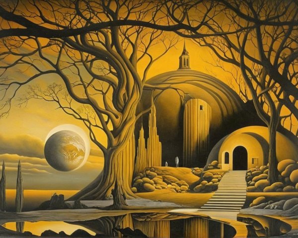 Surreal Landscape with Twisted Trees and Golden Sky