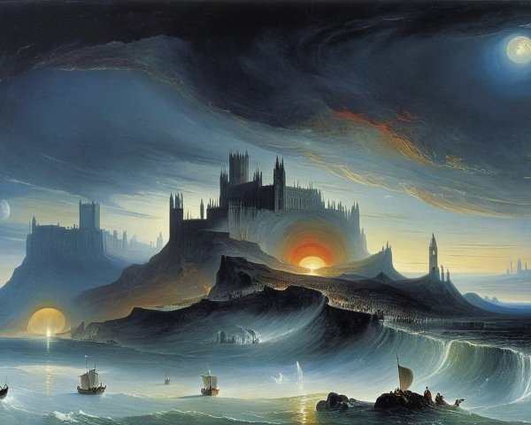 Surreal Landscape with Castle and Vibrant Sunset