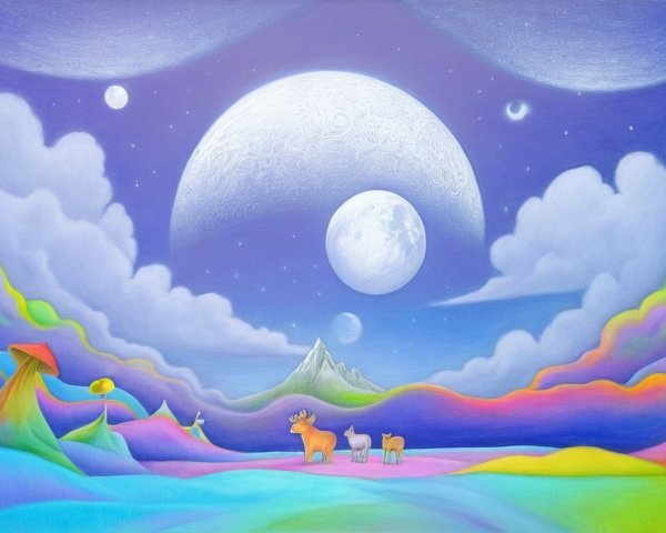 Surreal Landscape with Colorful Hills and Moons