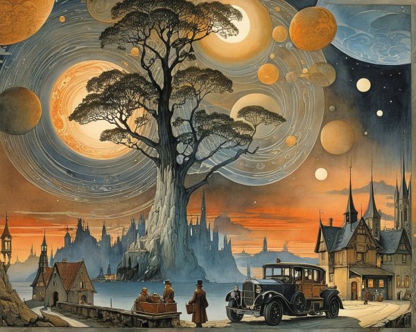 Surreal Landscape with Tree, Town, and Cosmic Elements