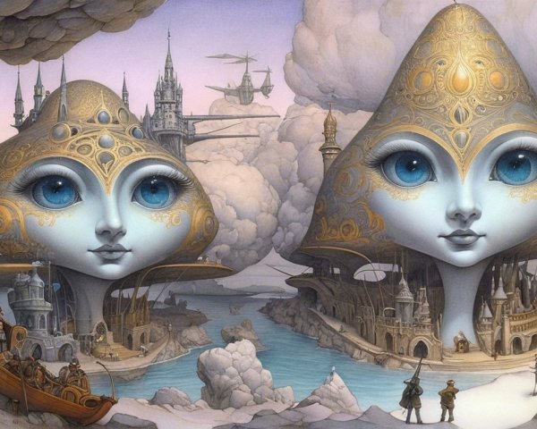 Ethereal Faces in a Fantastical Landscape Scene