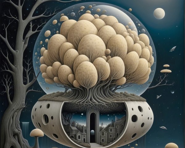 Fantastical Landscape with Unique Trees and Structures