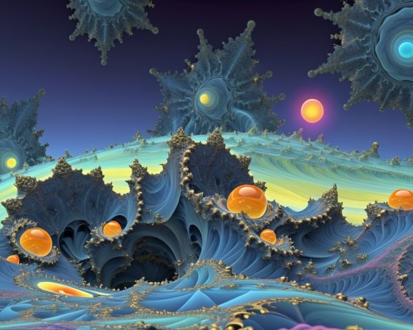 Fractal Landscape with Blue and Gold Patterns