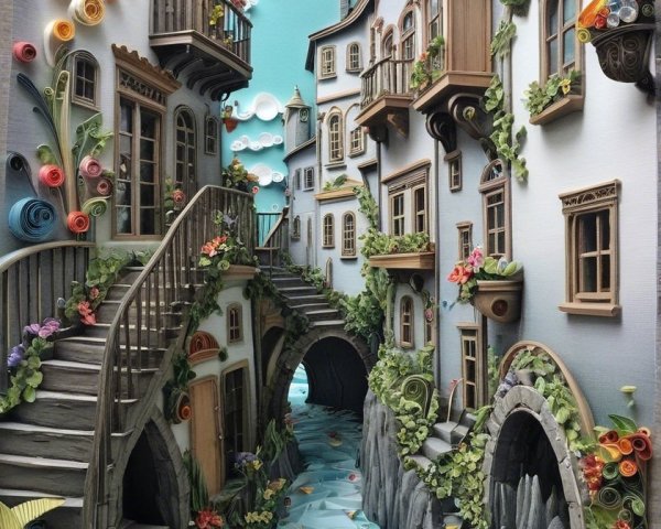 Whimsical Paper Quilling Village Scene with Nature Elements