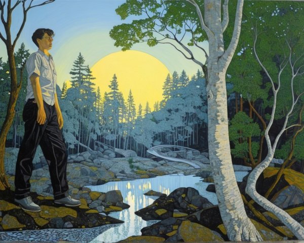 Young boy by a rocky riverbank at sunset