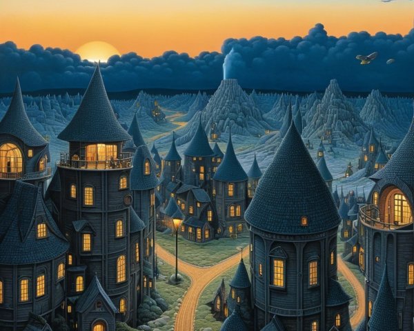 Fantasy Town with Stone Buildings Under Twilight Sky