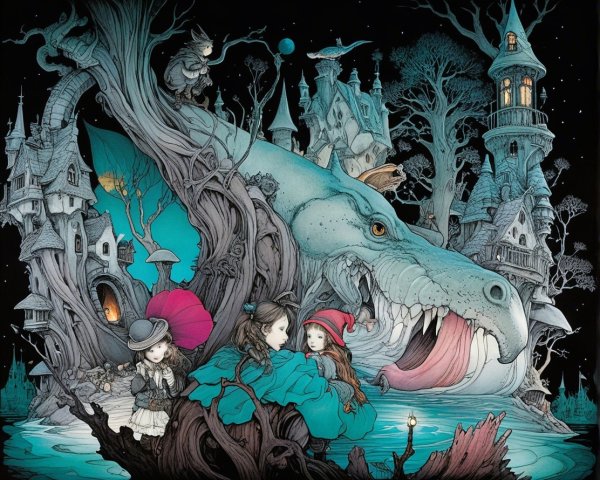 Enchanted landscape with a friendly dragon and girls