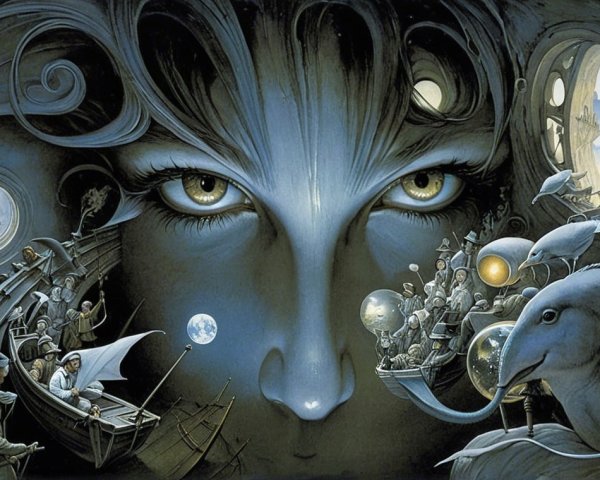 Surreal Scene of Giant Face and Whimsical Elements