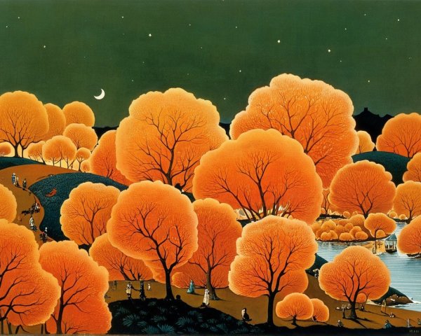 Vibrant Landscape with Trees and Moonlit Water