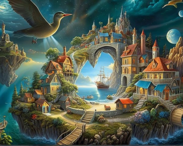 Whimsical Landscape with Floating Islands and Charming Houses