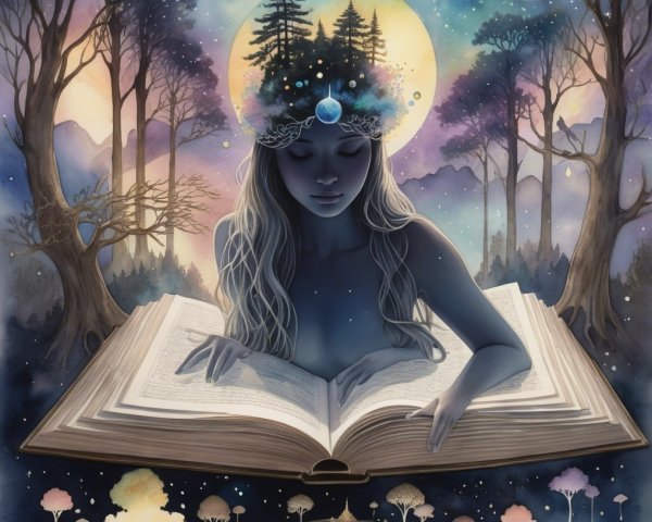 Mystical Scene of a Figure Reading from a Portal Book