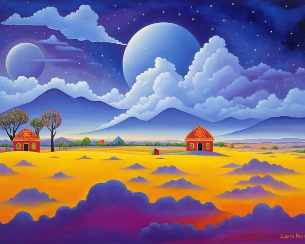Vivid Landscape with Red Houses and Starry Sky