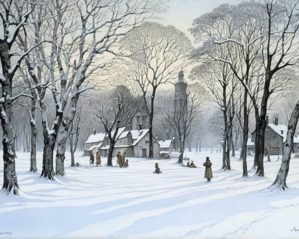Winter Landscape with Snowy Pathway and Quaint Houses