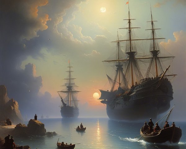 Serene Sunset Seascape with Tall Ships and Rocks