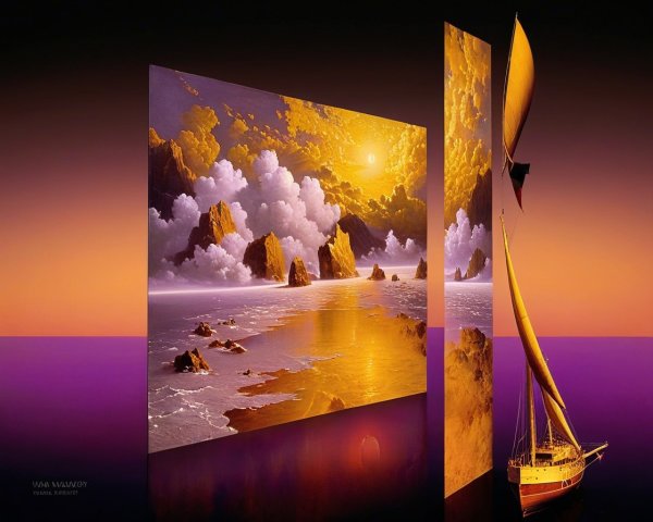 Surreal Landscape with Golden Clouds and Sailboat