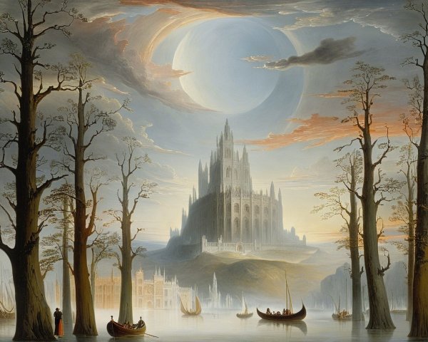 Serene landscape with a misty castle and calm waters