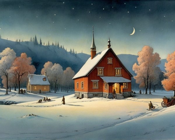 Winter Landscape with Red House and Starry Sky