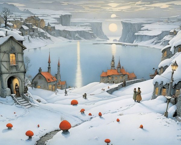 Winter Landscape with Snowy Houses and Red Mushrooms