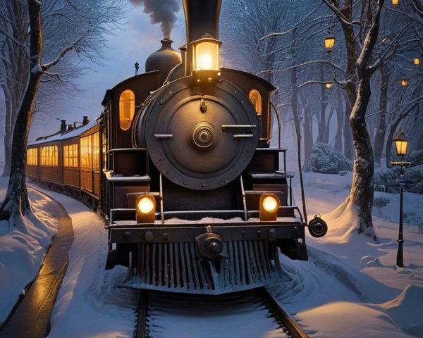 Vintage Steam Locomotive in Snowy Twilight Landscape
