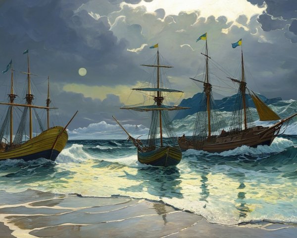 Dramatic Seascape with Ships in Stormy Waters