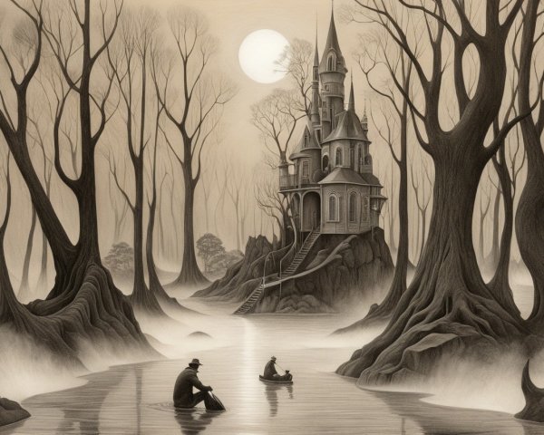 Monochromatic Landscape with Castle and Misty Waters