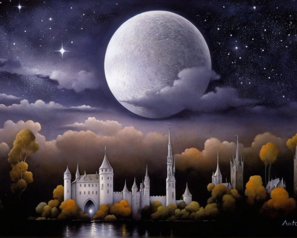 Surreal Night Landscape with Castles and Moonlight