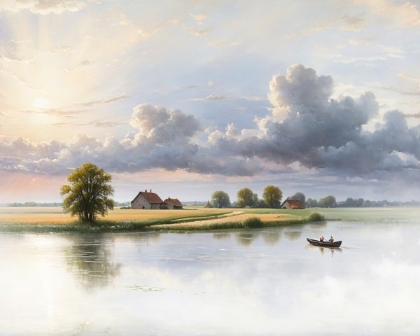 Serene Landscape with River and Lush Green Fields