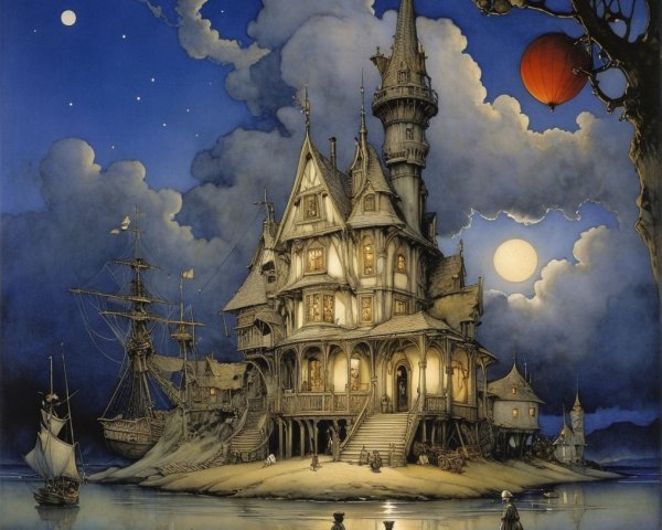 Whimsical Mansion on Rocky Shore at Twilight