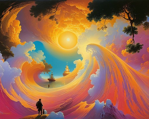 Surreal Seascape with Vibrant Waves and Golden Sun