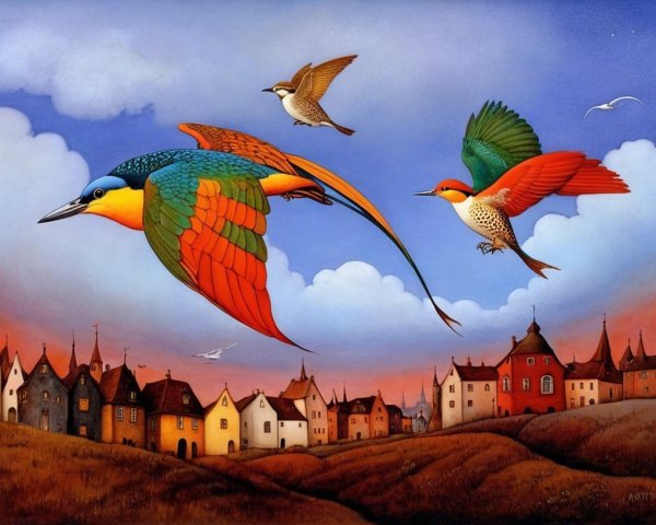 Vibrant Landscape with Colorful Birds and Charming Houses