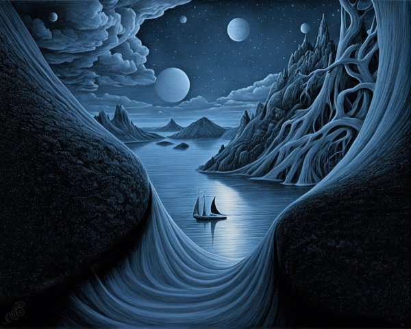 Surreal Landscape with Water, Mountains, and Stars