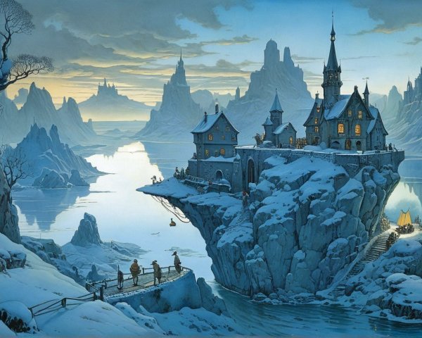 Snowy Landscape with Castle and Tranquil Waters