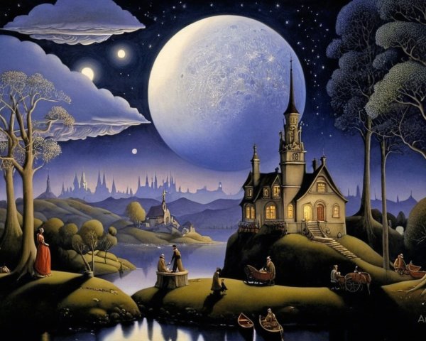 Mystical Village Under a Large Moon at Night