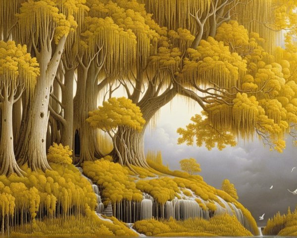 Tranquil Landscape with Golden Trees and Waterfall