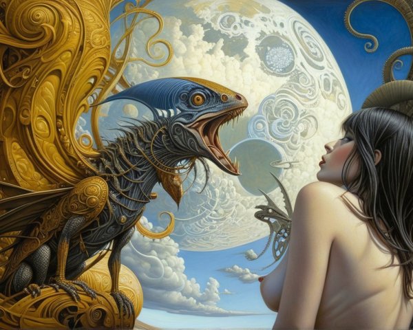 Surreal Artwork of Woman and Fantastical Dragon Creature